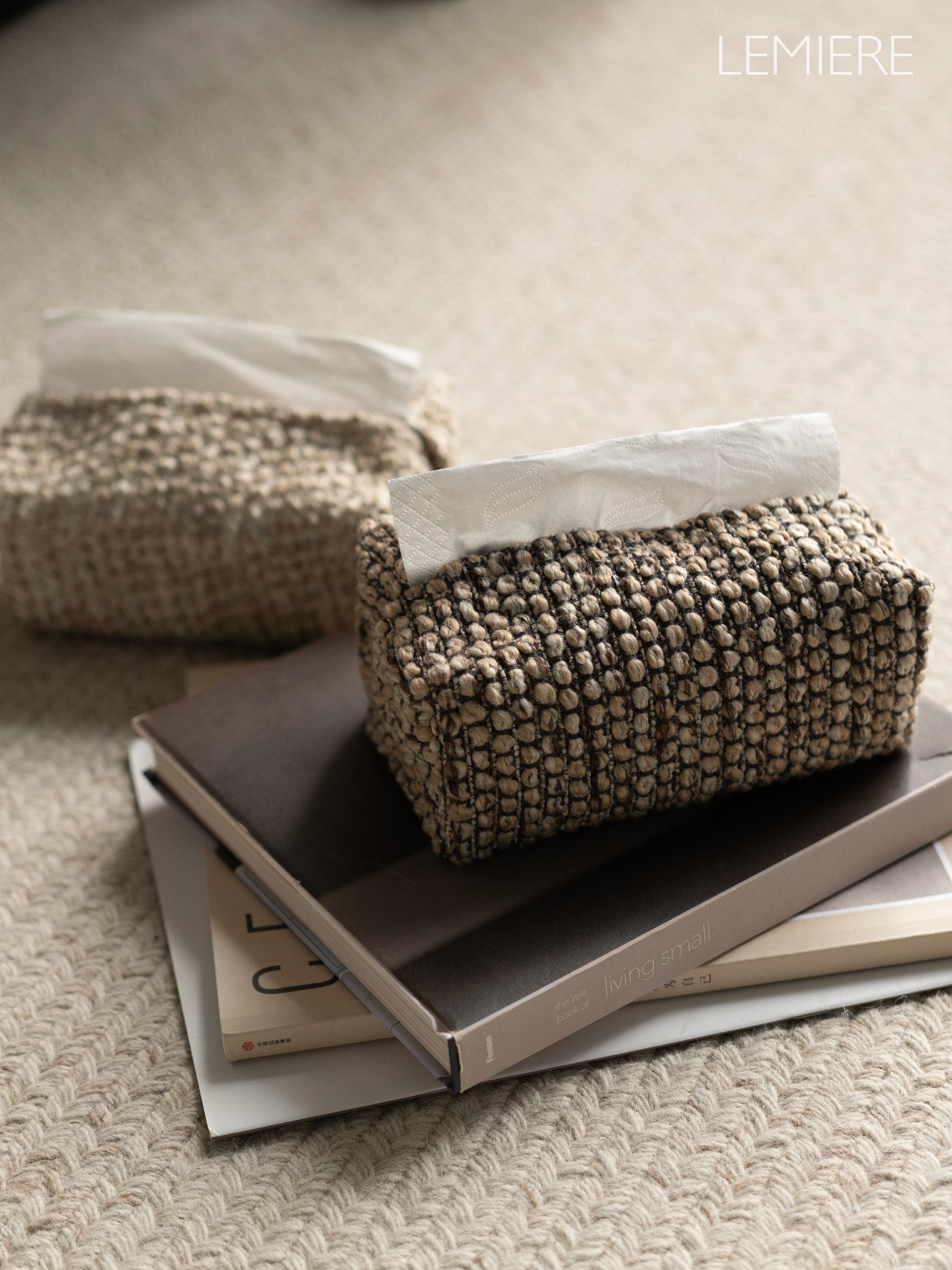 LEMIERE Wabi-Sabi Textured Fabric Tissue Box Cover | Modern Minimalist Desktop Storage