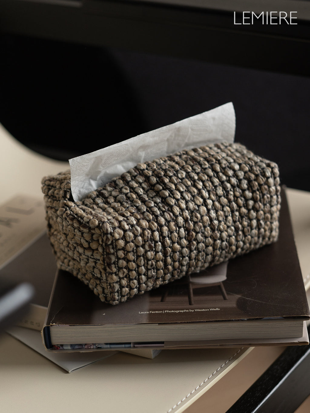 LEMIERE Wabi-Sabi Textured Fabric Tissue Box Cover | Modern Minimalist Desktop Storage