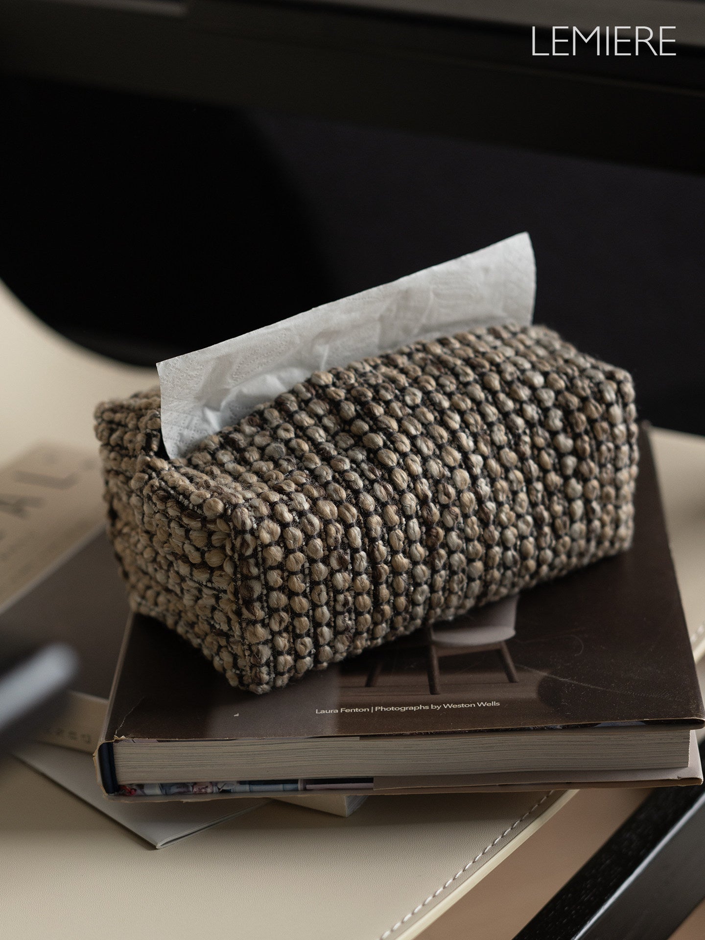 LEMIERE Wabi-Sabi Textured Fabric Tissue Box Cover | Modern Minimalist Desktop Storage