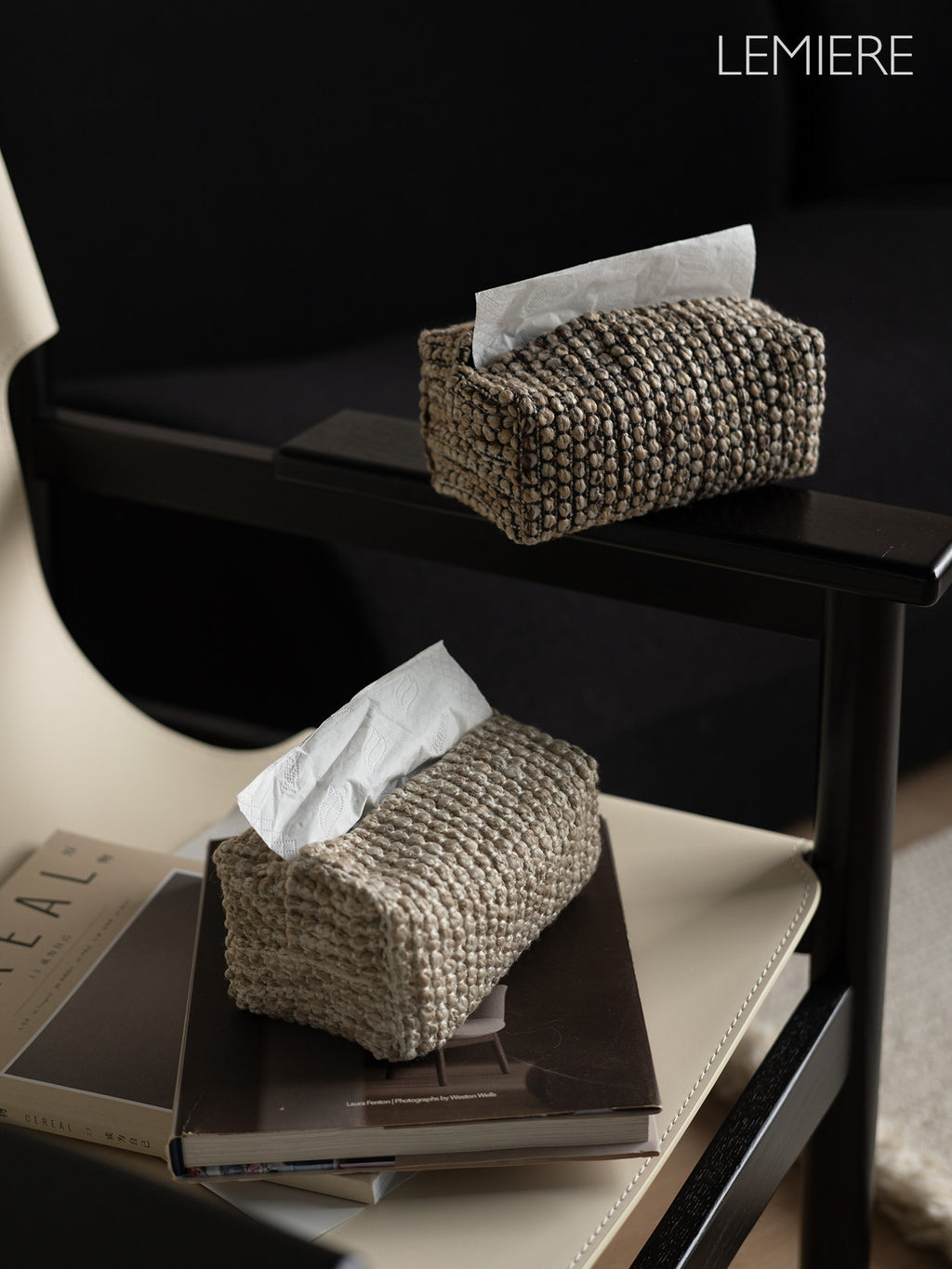 LEMIERE Wabi-Sabi Textured Fabric Tissue Box Cover | Modern Minimalist Desktop Storage