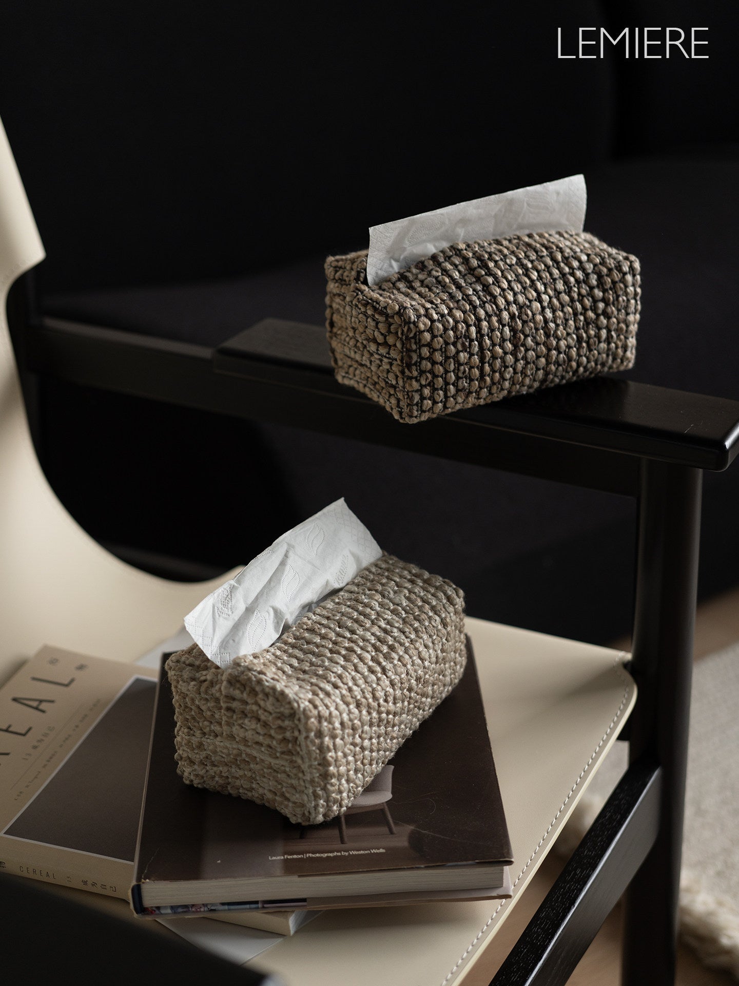 LEMIERE Wabi-Sabi Textured Fabric Tissue Box Cover | Modern Minimalist Desktop Storage