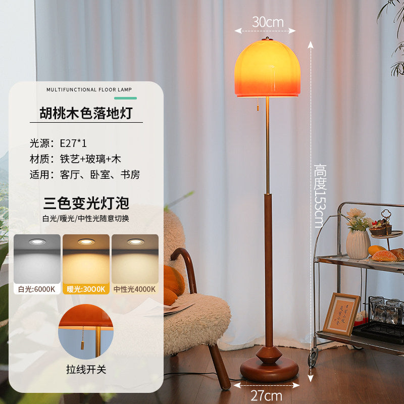 Ziru French Retro Walnut Table Lamp  Vintage Gradient Amber Glass Bedside Light