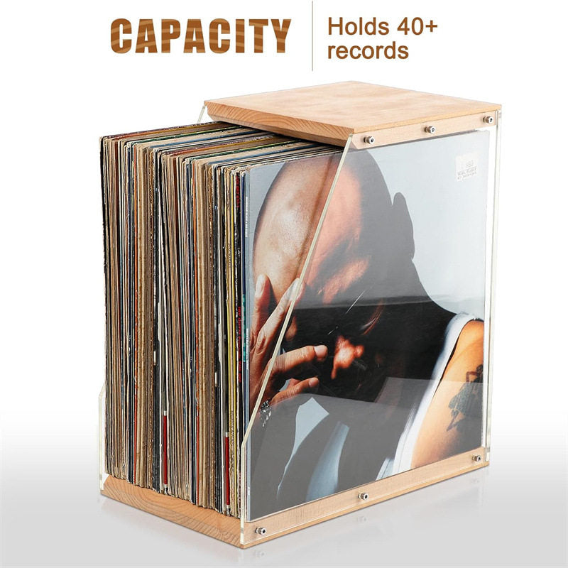 Solid Wood Vinyl Record & Media Storage Rack | Transparent Acrylic Display Box