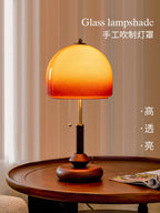Ziru French Retro Walnut Table Lamp  Vintage Gradient Amber Glass Bedside Light