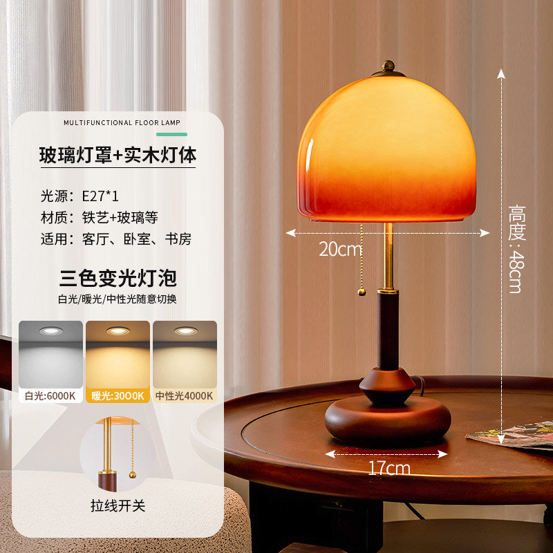 Ziru French Retro Walnut Table Lamp  Vintage Gradient Amber Glass Bedside Light