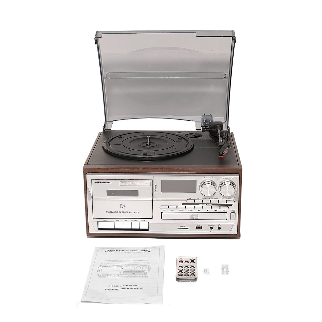 4-in-1 Retro Stereo Music Center Vinyl Record Player CD Cassette Bluetooth