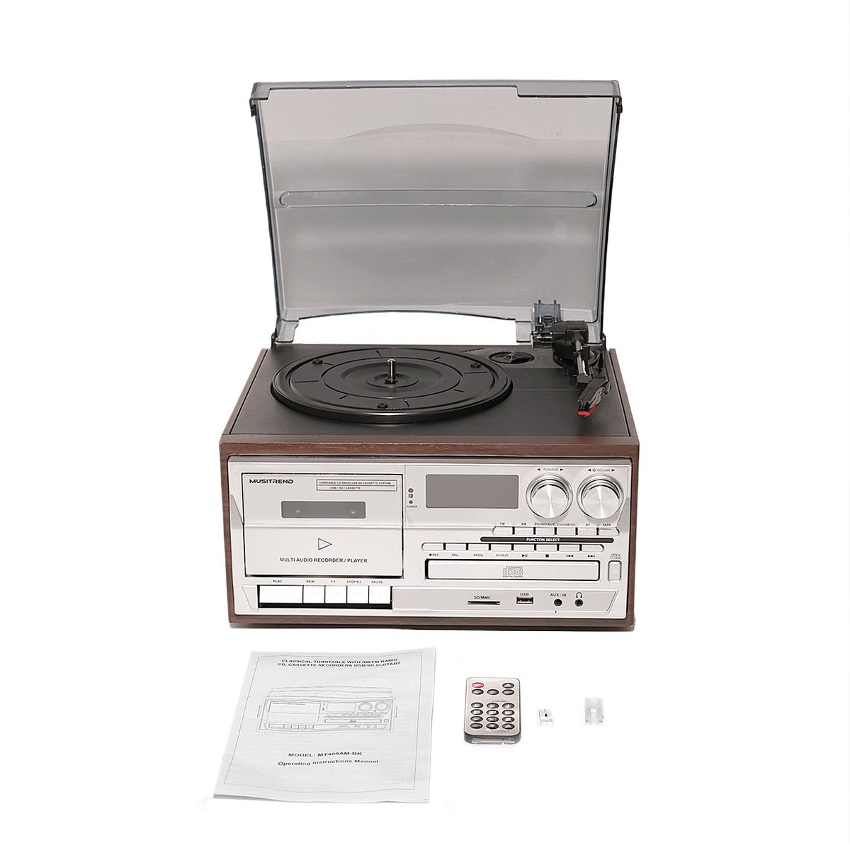 4-in-1 Retro Stereo Music Center Vinyl Record Player CD Cassette Bluetooth