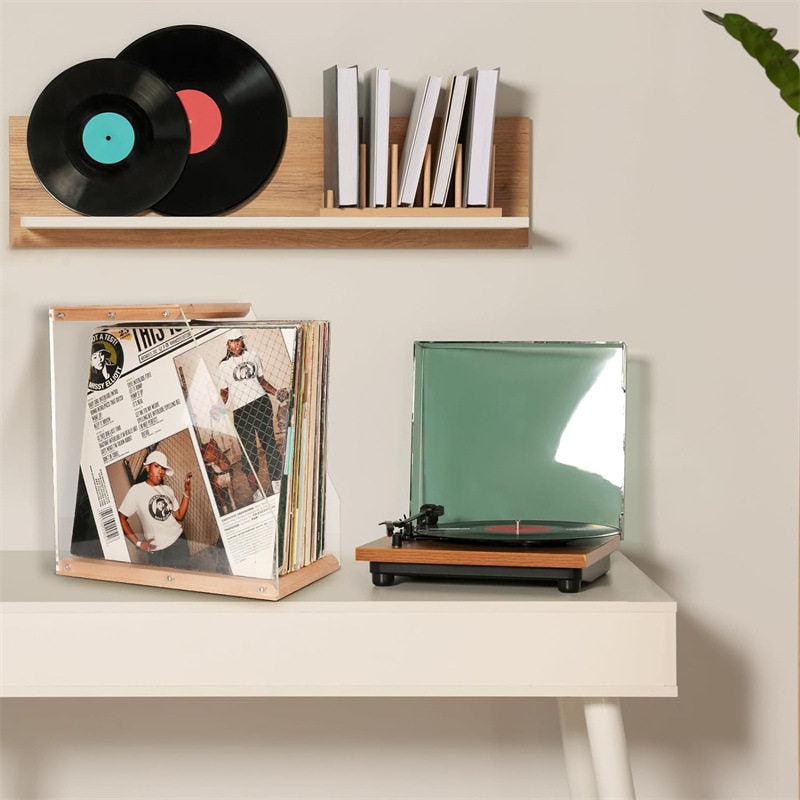 Solid Wood Vinyl Record & Media Storage Rack | Transparent Acrylic Display Box