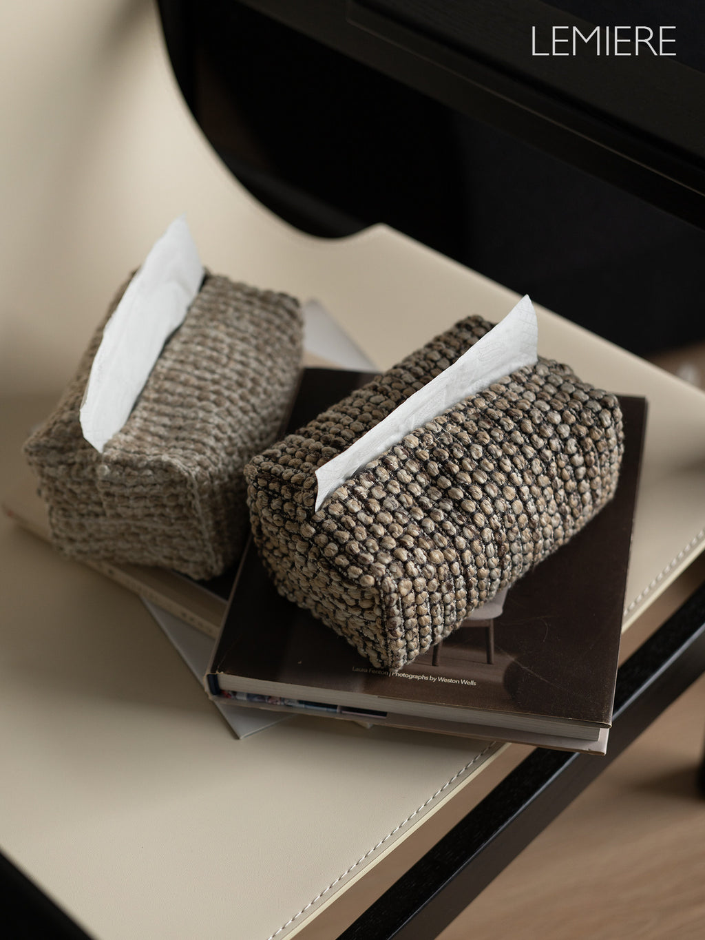 LEMIERE Wabi-Sabi Textured Fabric Tissue Box Cover | Modern Minimalist Desktop Storage