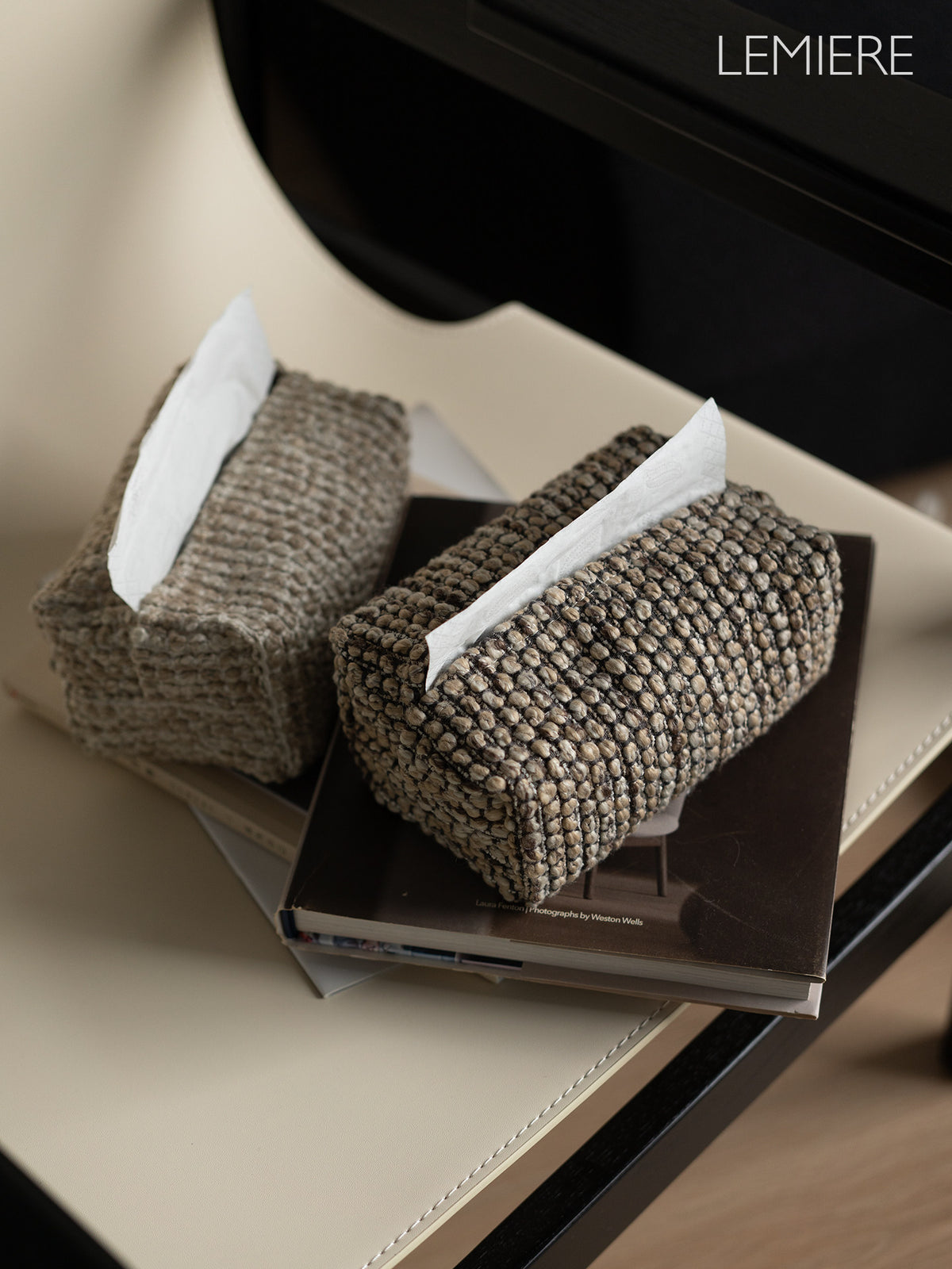 LEMIERE Wabi-Sabi Textured Fabric Tissue Box Cover | Modern Minimalist Desktop Storage
