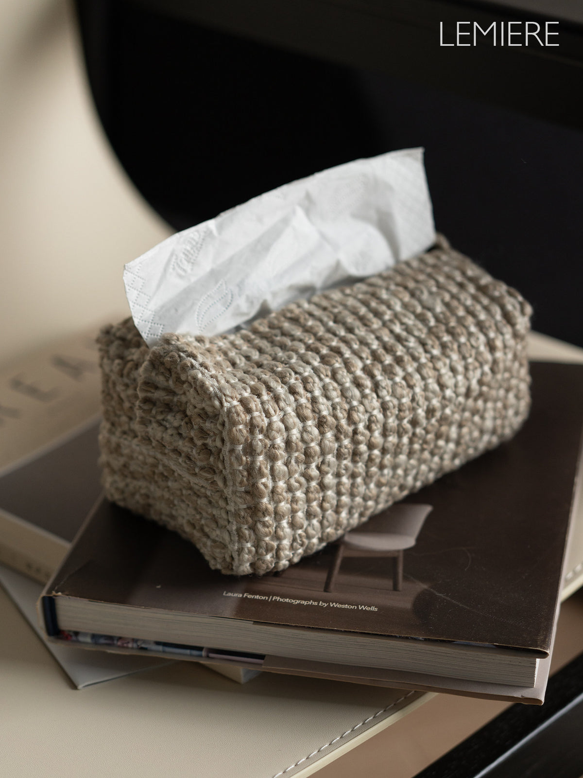 LEMIERE Wabi-Sabi Textured Fabric Tissue Box Cover | Modern Minimalist Desktop Storage
