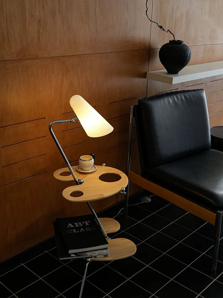 Keijo Integrated Side Table Ambient Floor Lamp  Vintage Aalto-Style Wooden Bedside Light