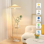 Vintage-style floor lamp ambiance, living room sofa, several high-end bedroom storage racks, standing desk lamp with artistic touch