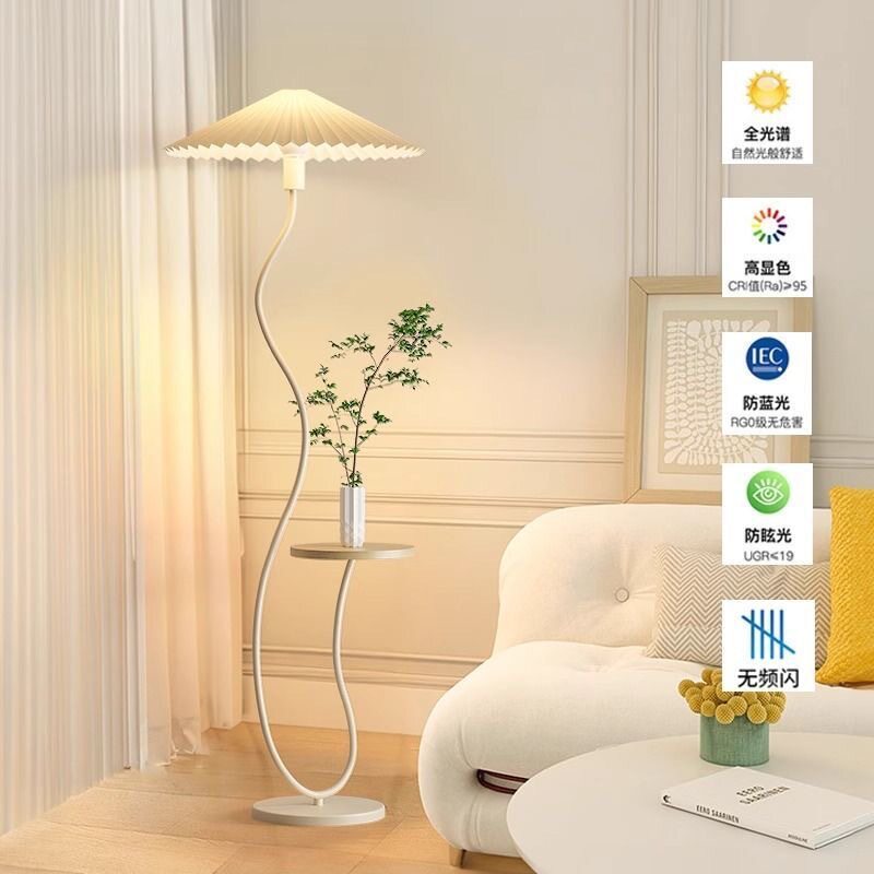 Vintage-style floor lamp ambiance, living room sofa, several high-end bedroom storage racks, standing desk lamp with artistic touch