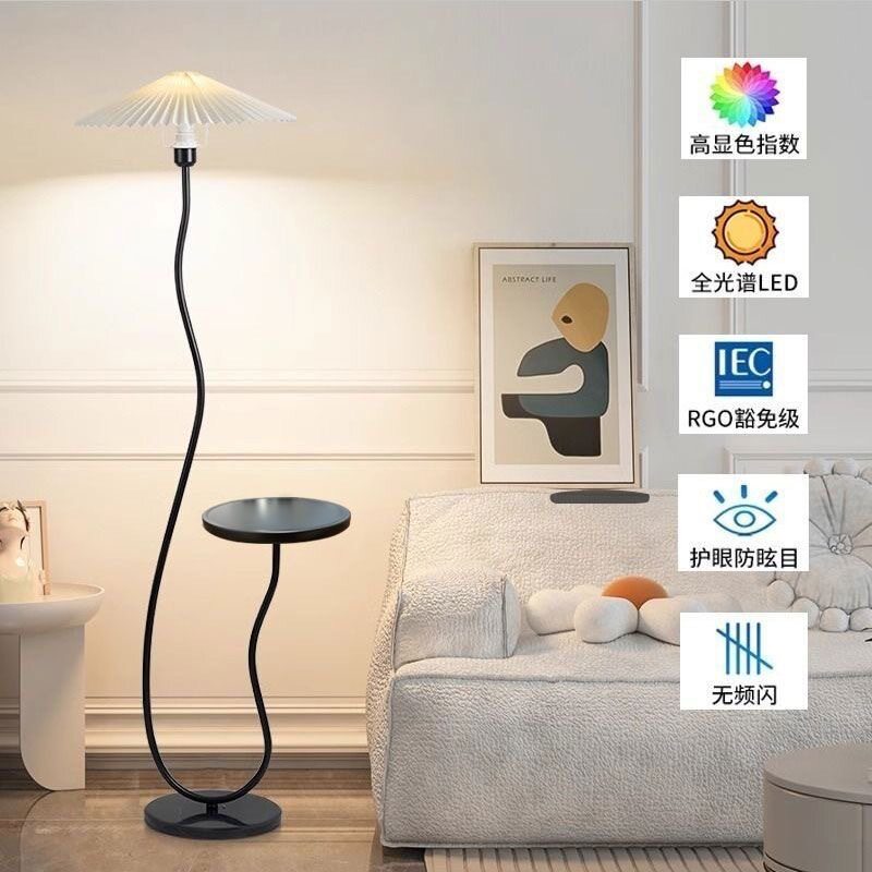Vintage-style floor lamp ambiance, living room sofa, several high-end bedroom storage racks, standing desk lamp with artistic touch