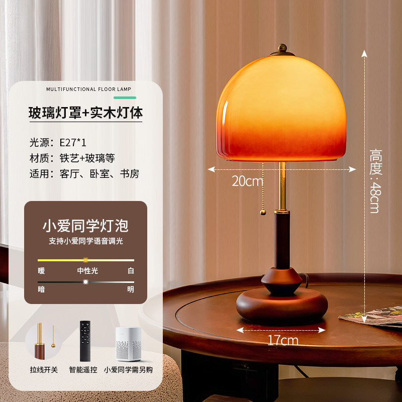 Ziru French Retro Walnut Table Lamp  Vintage Gradient Amber Glass Bedside Light