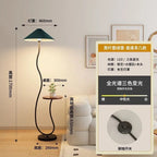 Vintage-style floor lamp ambiance, living room sofa, several high-end bedroom storage racks, standing desk lamp with artistic touch