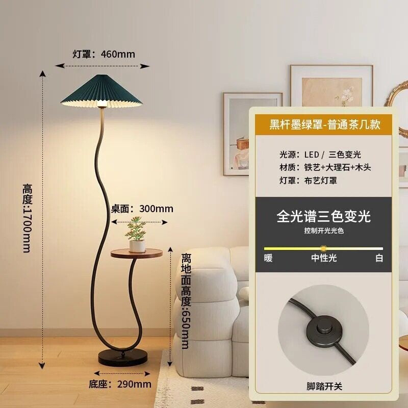 Vintage-style floor lamp ambiance, living room sofa, several high-end bedroom storage racks, standing desk lamp with artistic touch