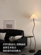 Vintage-style floor lamp ambiance, living room sofa, several high-end bedroom storage racks, standing desk lamp with artistic touch