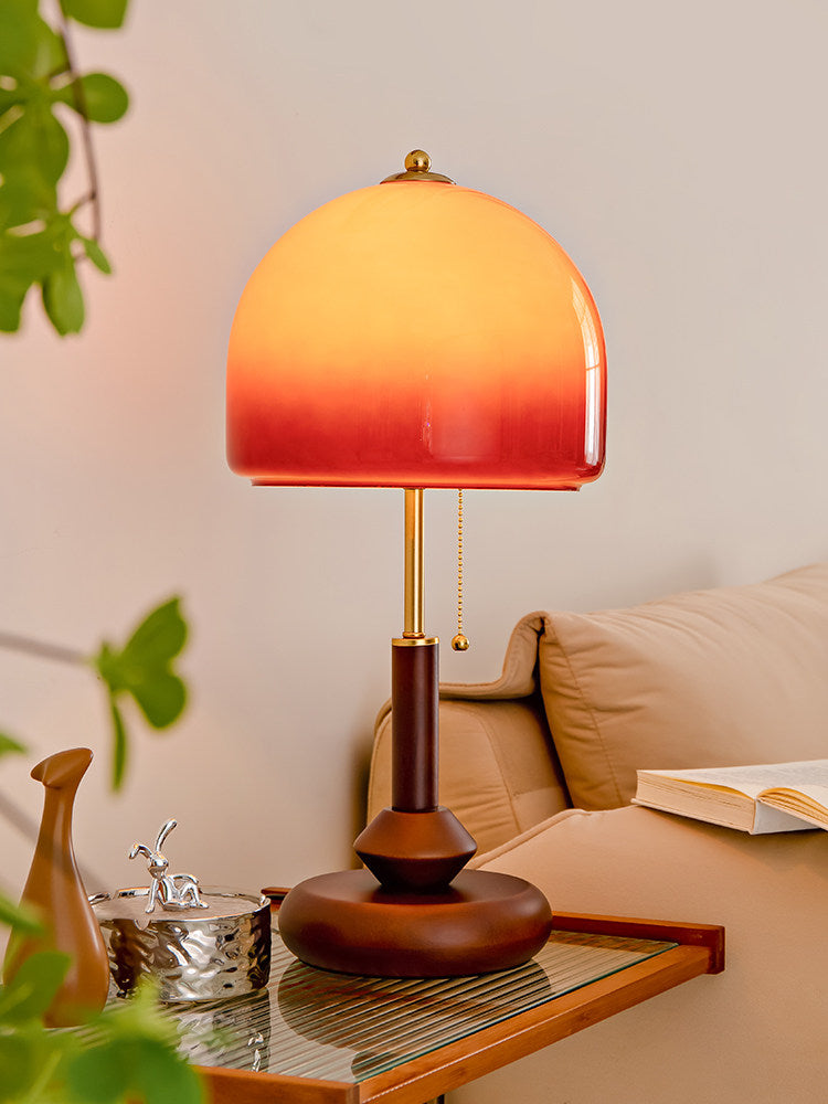 Ziru French Retro Walnut Table Lamp  Vintage Gradient Amber Glass Bedside Light