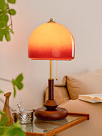 Ziru French Retro Walnut Table Lamp  Vintage Gradient Amber Glass Bedside Light