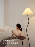 Vintage-style floor lamp ambiance, living room sofa, several high-end bedroom storage racks, standing desk lamp with artistic touch
